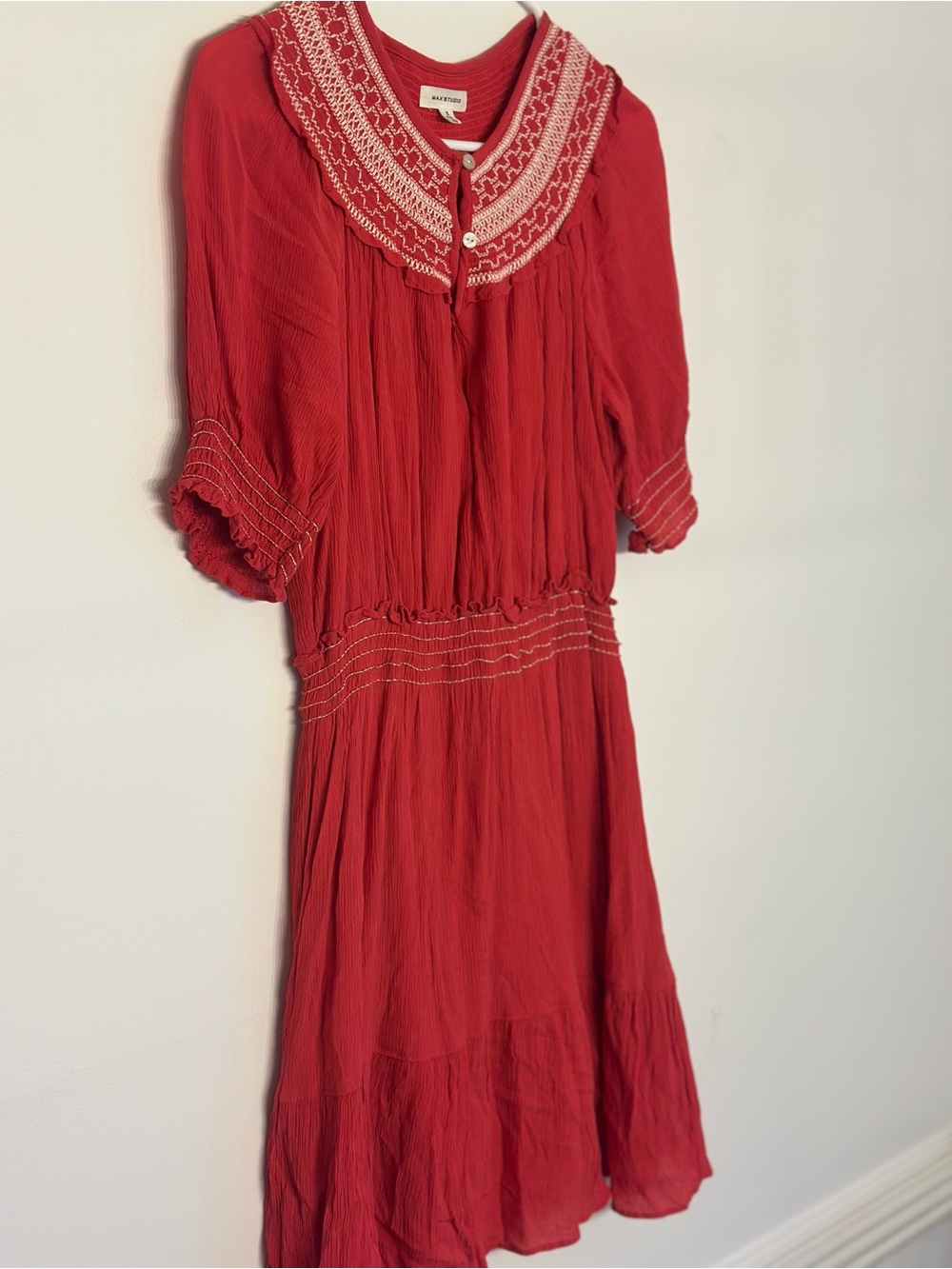 Max Studio Red Embroidered Boho Midi Dress Size Small